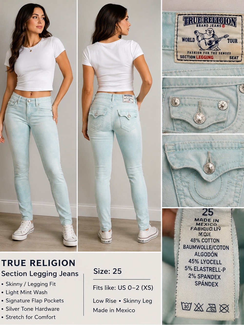 True Religion Section Legging Mint Blue Skinny Stretch Jeans Women’s Size 25